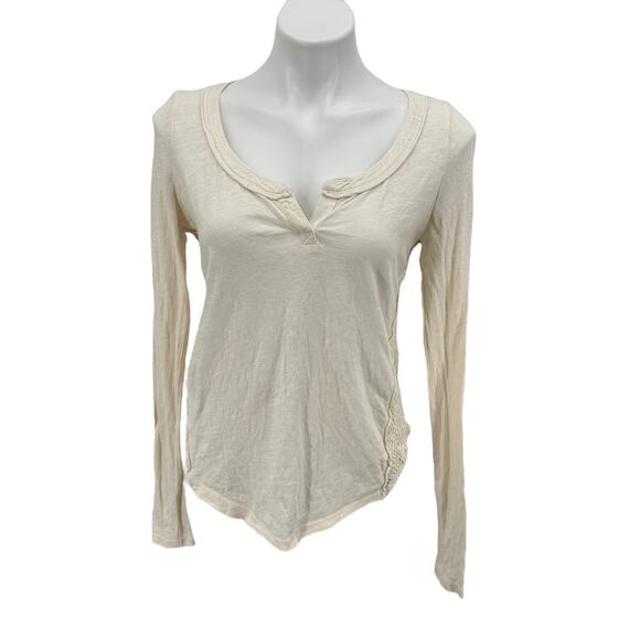 Free People Patches of Lace Henley Womens Cream S Boho Long Sleeve Crochet Sheer - Picture 1 of 10